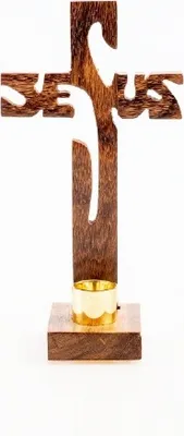 Produktbild von Stehkreuz "Jesus" in Holz 19 cm mit Kerzenhalter