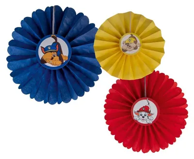 Produktbild von Paw Patrol Papierrosetten 3 Stück, blau, rot, gelb, Ø ca. 30 cm, 25 cm, 20 cm