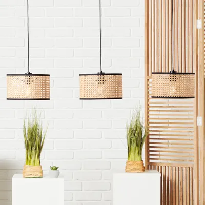 Produktbild von BRILLIANT natürliche Pendelleuchte WILEY | 3 flammige Hängeleuchte mit Schirmen aus Rattan | 3x E27 Fassung max. 52W | Metall/Rattan