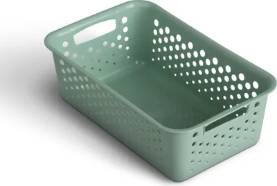 A green storage basket with holes and handles is shown against a white background.