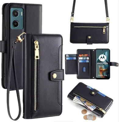 Produktbild von Handykette Hülle für Motorola Moto G05 / Moto E15 mit Band Handyhülle Kartenfächer Kunstleder Umhängetasche in Schwarz