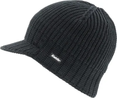 A black knitted cap with a visor, featuring a small white brand label.
