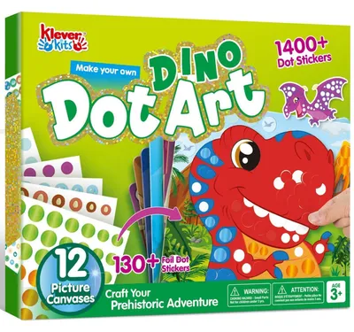 Immagine prodotto di Kit per creare adesivi a tema dinosauri con la tecnica del puntinismo, ideale per bambini dai 3 anni in su. Kit creativo fai-da-te