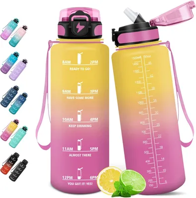 Produktbild von 1,5L Motivationswasserflasche mit Strohhalm, Auslaufsicher, fuer Schule, Fitness, Camping, Radfahren