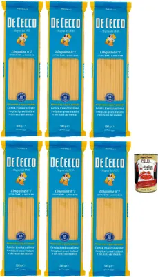 Produktbild von De Cecco Linguine Nr. 7, Hartweizenpasta 6 x 500 g - Bronze-Drahtziehen, langsam trocknend 18h, raue Textur - 12 min backen (al dente 10 min) -  Italy + Italian Gourmet Polpa 400g