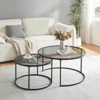 A living room scene with a couch, coffee tables, and a plant.
