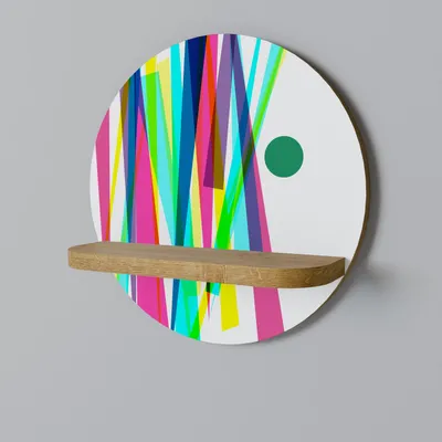 A round wall shelf with a colorful abstract design and a wooden shelf.