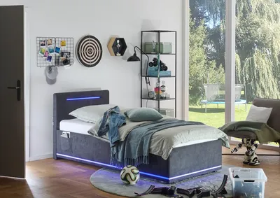 Produktbild von Meise Möbel Stauraumbett Circle 90x200 cm | Bettkasten & Lattenrost (Federholzrahmen) | LED & USB | Strukturstoff Graphit | Holzfuß schwarz