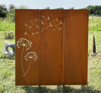 Produktbild von Edelrost 3er Set Sichtschutz Motiv Pusteblumen mit Samen und Blanko 165 cm x 150 cm Paravent zum Stecken Schild Gartenstecker Edelrost Gartendeko