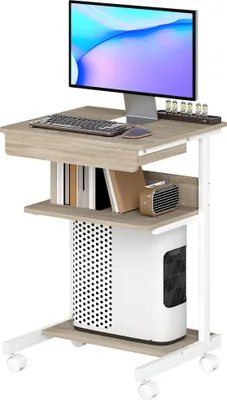 Produktbild von Roll-Schreibtisch mit Schublade und Regalen, 4 Räder, kompakt, Spanplatte, Metall