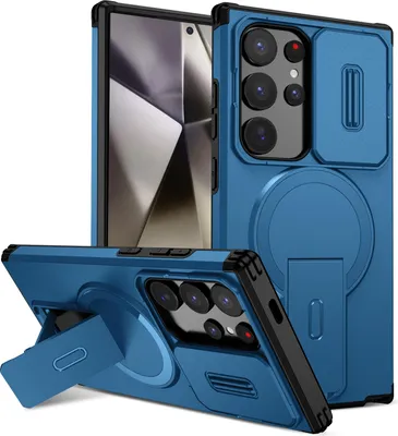 Immagine prodotto di Custodia magnetica per Samsung Galaxy S24 Ultra, custodia resistente a due strati con protezione della fotocamera scorrevole e supporto regolabile Blu