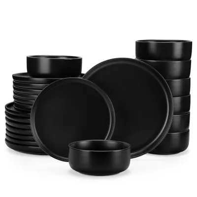 Image de MALACASA, 24 pcs. service de table en porcelaine, set de vaisselle pour 8 personnes, service combiné avec assiette, assiette à dessert, bol, noir