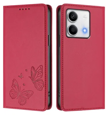 Produktbild von Lederhülle für Xiaomi Redmi Note 13 5G, Schmetterling Prägung Leder Brieftasche Schutzhülle mit Ständer Rot