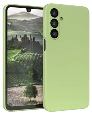 A light green phone case is shown diagonally with the phone inside, displaying a landscape wallpaper.