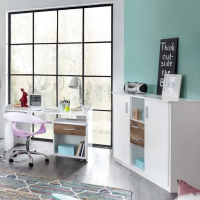 Produktbild von Teenager Schreibtisch Set mit Highboard JOHANNESBURG-43 in weiß mit Eiche Nb.
