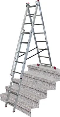 A multi-purpose ladder is positioned on a set of stairs.