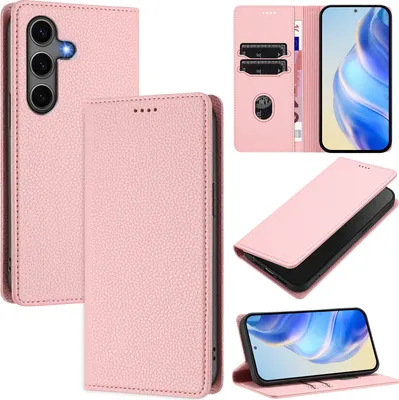 Produktbild von Litchi Leder Handyhülle für Samsung Galaxy S25+ Wallet Kartenfächer Standfunktion Hülle Pink