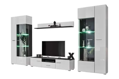 A modern living room furniture set with a TV stand, a tall display cabinet, a wall shelf, and a smaller display cabinet.