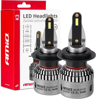 Imagen del producto de Bombillas LED para automóviles, serie K3, modelo H7, 12V, 6000K, con tecnología Canbus, AMIO-03683 │ Alta luminosidad