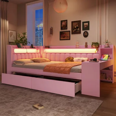 Immagine prodotto di Divano letto imbottito 140x200 con porte USB e striscia LED, con scrivania e 2 cassetti, rosa