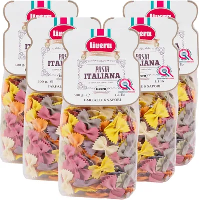 Produktbild von LIVERA - Farfalle 6 Sapori - Italienische aromatisierte Pasta, langsame Trocknung, Bronzeziehen, 5er Pack à 500 g, handgemachte Pasta mit verschied...