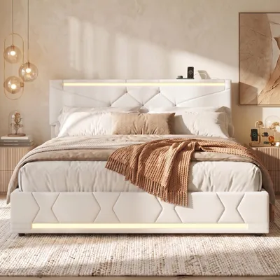 Produktbild von INONEFT Polsterbett 160x200 cm, Hydraulisches Boxspringbett mit Stauraum, Doppelbett mit LED und USB, Jugendbett, Stauraumbett, Leinen, Beige