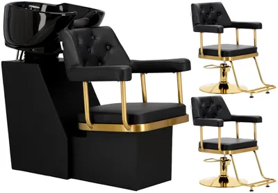 Obrázek produktu pro Sada Kadeřnický mycí box a 2x Kadeřnická hydraulická otočná křesla s podnožkou do kadeřnického salonu mycí box pohyblivá keramická mísa armatura baterie sprchová hlavice
