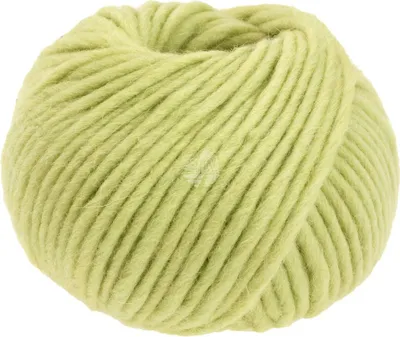 A ball of light green yarn on a white background.