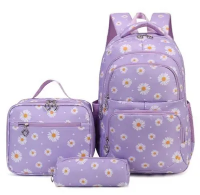 Produktbild von Schulrucksack Set Mädchen Gänseblümchen Lila 3-teilig mit Lunchpaket & Mäppchen