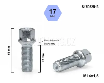 Obrázok produktu pre Skrutka kolesa M14x1,5x32 guľa R13, kľúč 17, S17D32R13, výška 51 mm
