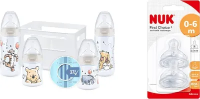 Obrázok produktu pre Štartovacia sada dojčenských fliaš NUK First Choice+ | 0-6 mesiacov 5 kusov a cumlík First Choice+ Anti-Colic silikónový, ortodontický tvar NUK