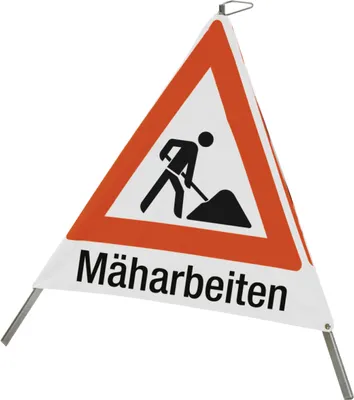Produktbild von Faltsignal mit Symbol Baustelle und Text "Mäharbeiten", 700 mm Seitenlänge