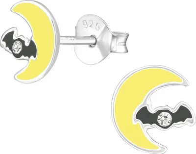 Produktbild von Kinder Ohrringe Ohrstecker 925 Sterling Silber Mond mit Fledermaus und Kristall