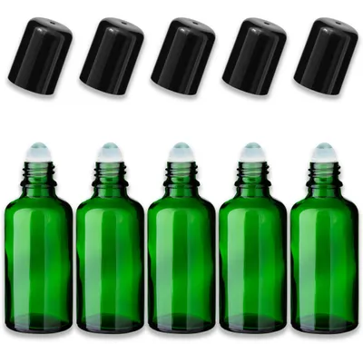 Produktbild von 5x Grüne Glasflasche 50 ml Roll-On mit schwarzem Verschluss Leer 18 mm