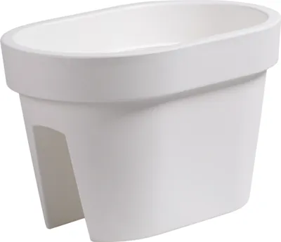A white oval balcony planter box is shown against a white background.