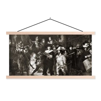 Produktbild von Textilposter - Die Nachtwache in Schwarz und Weiß - Rembrandt van Rijn - 60x30 cm - mit holzfarbenen Rahmen