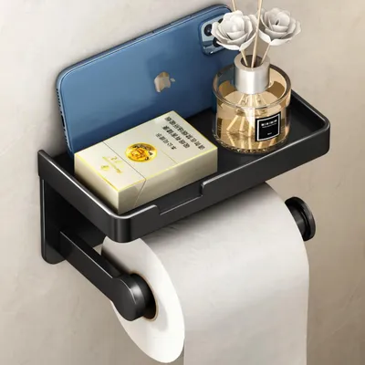 Image de Porte-papier hygiénique sans perçage, avec tablette, adhésif ou à visser, inoxydable et multifonctionnel (noir)