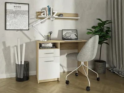 Produktbild von MATKAM Schreibtisch Bodo DSP H75xB100xT50cm, laminierte Möbelplatte, Schublade mit Metalllaufleiste auf Rollen, Ablage mit Tür (Sonoma Eiche - weiß)