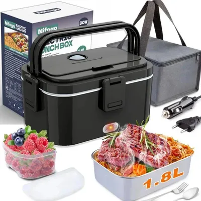 Obrázok produktu pre Elektrická obedáreň – ohrievacia nádoba na jedlo – 1,8 l – 80 W – Vhodná do auta aj do domácnosti – Nerezový vnútorný zásobník – EÚ zástrčka a nabíjačka do auta – Izolovaný prepravný obal