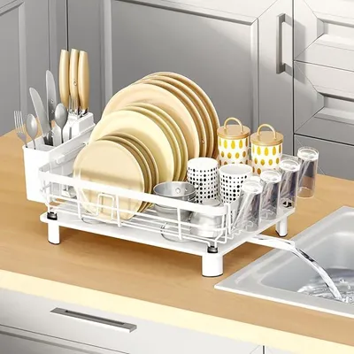 Produktbild von PolkaHome® Abtropfgestell mit Auffangschale, Geschirrabtropfständer aus Metall, mit Besteckhalter und Tassenhalter, für die Küche