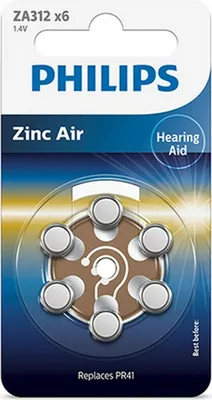 Zdjęcie produktu dla Bateria Philips Minicells ZA312B6A/10, jednorazowa, cynkowo-powietrzna, 1,4 V, 6 sztuk, 160 mAh, 2 lata