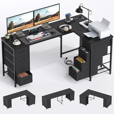 Produktbild von Schreibtisch L-Form, 170×100 cm Eckschreibtisch mit 8 Schubladen, Computertisch mit Steckdose und USB-Ladeanschluss, Bürotisch für Arbeitszimmer Schwarz