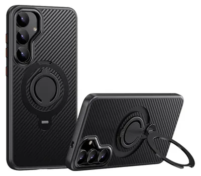 Image de Pour Samsung Galaxy S25 Plus : coque TPU 360° avec anneau MagSafe, motif carbone, noir