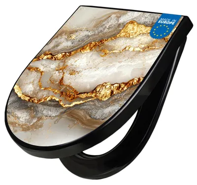 Produktbild von WC Sitz D-Form Schwarz mit Absenkautomatik Motiv Weißer Marmor mit Gold 2 [TDSCH3 13607]