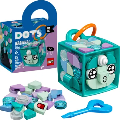 Produktbild von LEGO 41928 DOTS Taschenanhänger Narwal Kreativset für Mädchen und Jungen, Schlüsselanhänger für Kinder zum Basteln