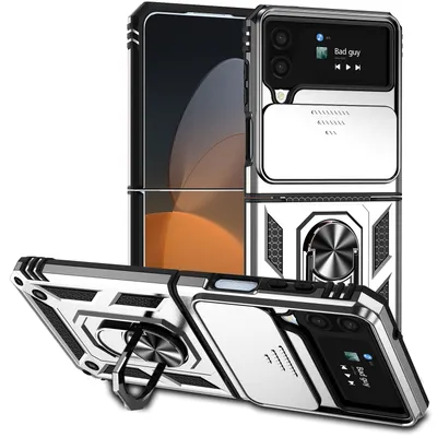 Obrázek produktu pro Pouzdro pro Samsung Galaxy Z Filp 4 5G dvouvrstvé pouzdro s posuvným krytem kamery a prstencovým stojánkem Stříbro