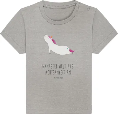 Produktbild von Mr. & Mrs. Panda  T-Shirt Einhorn Yoga 6. - 12. Monat - Heather Grey - Geschenk, Achtsamkeit, Babyshirt, Sport, Organic Baby Shirt, Einhörner, Kleinkind, Unicorn