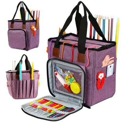 Image de Sac de rangement portable pour vos projets de tricot, organiseur pour pelotes de laine, crochets et aiguilles à tricoter.