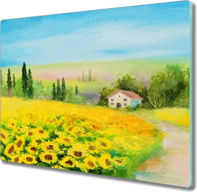 Produktbild von Coloray Hackbrett Herdabdeckplatte 60x52 cm Küchenbrett Kochplattenabdeckung Schneidebrett - Sonnenblumen Wiesenlandschaft