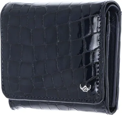 A close-up, side view of a dark blue, crocodile-embossed leather wallet.